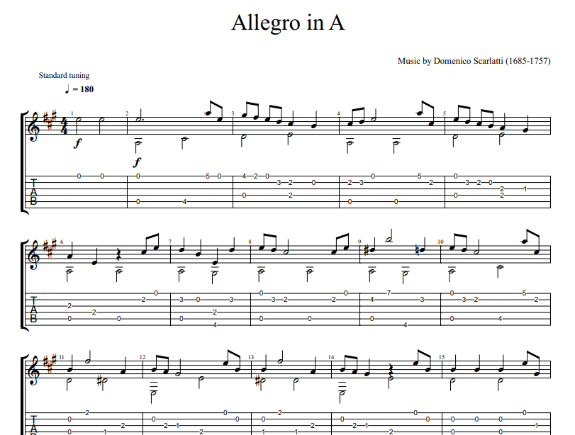 Domenico Scarlatti - Allegro in A sheet music for guitar